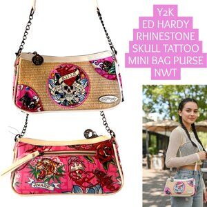 Y2K ED HARDY SKULL RHINESTONE TATTOO MINI SHOULDER BAG PURSE NWT